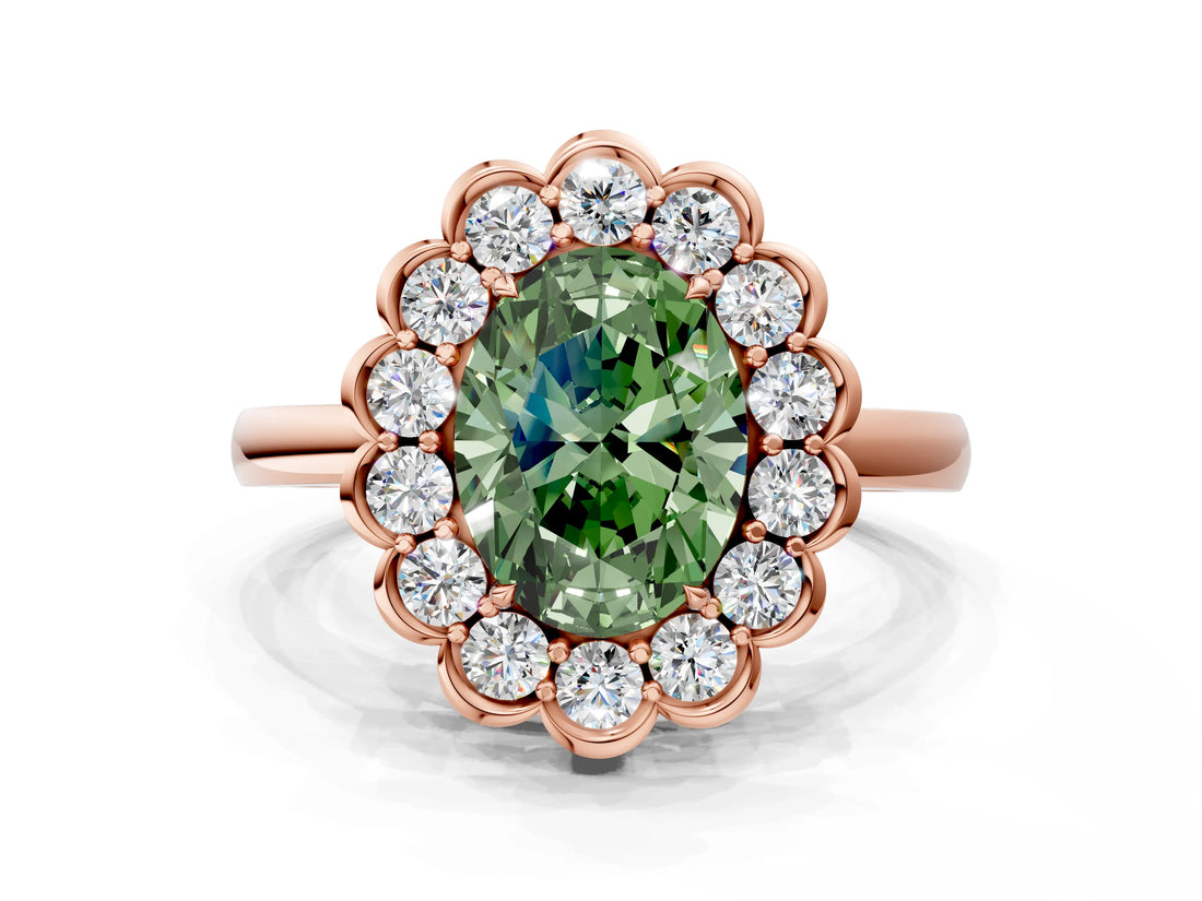 Rose gold Fancy Green Oval  Halo Cluster Diamond Engagement Ring with Solitaire Band and Prong Setting_66