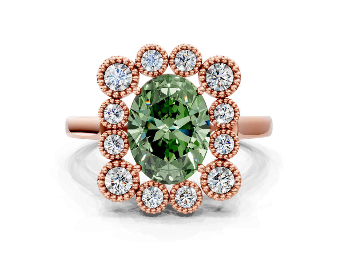 Rose gold Fancy Green Oval  Halo Diamond Cluster Engagement Ring with Milgrain Bezel Setting and Solitaire Band_39