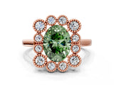 Rose gold Fancy Green Oval  Halo Diamond Cluster Engagement Ring with Milgrain Bezel Setting and Solitaire Band_39