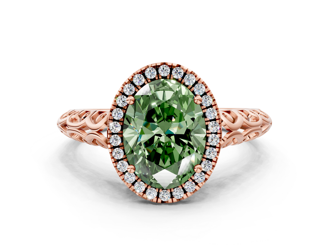 Rose gold Fancy Green Oval  Halo Diamond Engagement Ring with Intricate Filigree Band and Four-Prong Setting_37