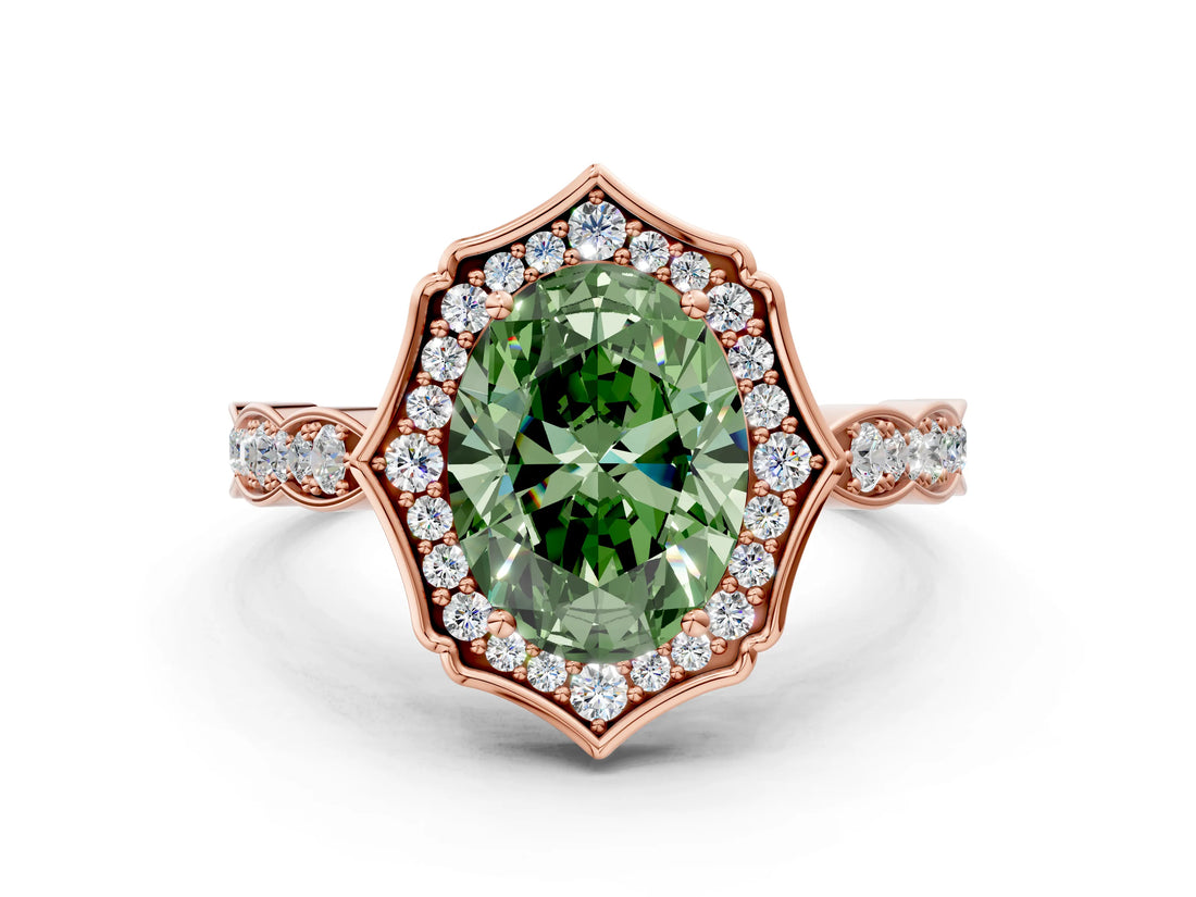 Rose gold Fancy Green Oval  Halo Diamond Engagement Ring with Milgrain Band and Four-Prong Setting_54