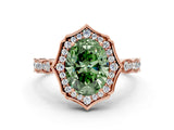 Rose gold Fancy Green Oval  Halo Diamond Engagement Ring with Milgrain Band and Four-Prong Setting_54