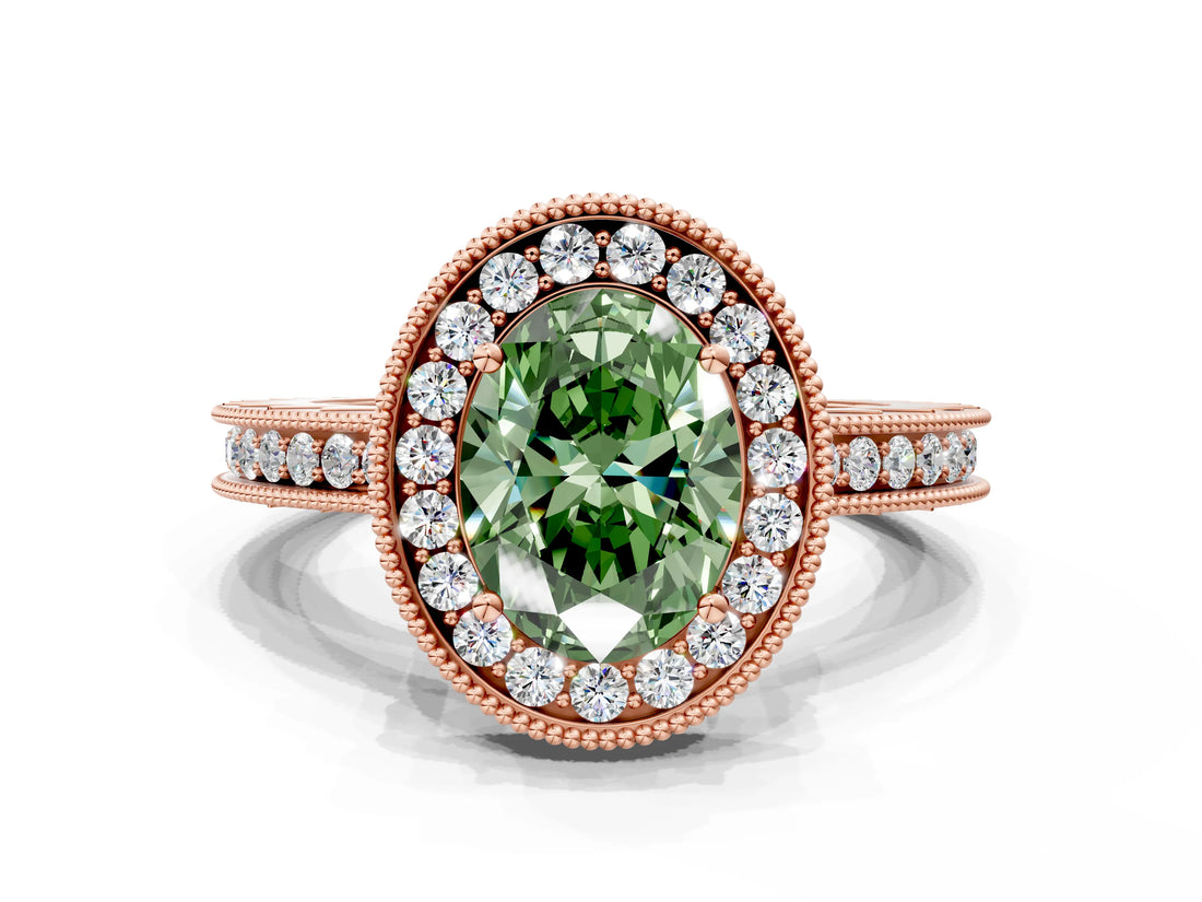 Rose gold Fancy Green Oval  Halo Diamond Engagement Ring with Milgrain Pave Band and Four-Prong Setting_201
