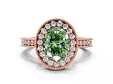 Rose gold Fancy Green Oval  Halo Diamond Engagement Ring with Milgrain Pave Band and Four-Prong Setting_201