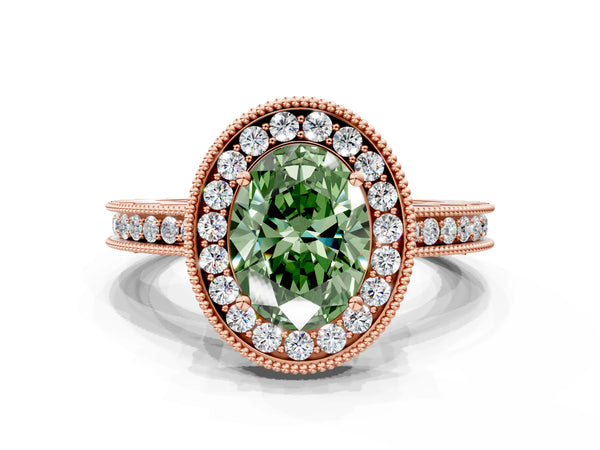 Rose gold Fancy Green Oval  Halo Diamond Engagement Ring with Milgrain Pave Band and Four-Prong Setting