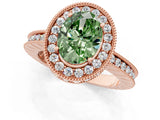 Rose gold Fancy Green Oval  Halo Diamond Engagement Ring with Milgrain Pave Band and Four-Prong Setting_202