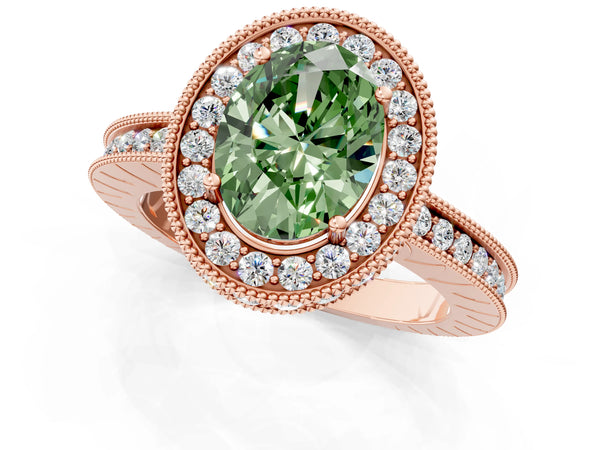 Rose gold Fancy Green Oval  Halo Diamond Engagement Ring with Milgrain Pave Band and Four-Prong Setting