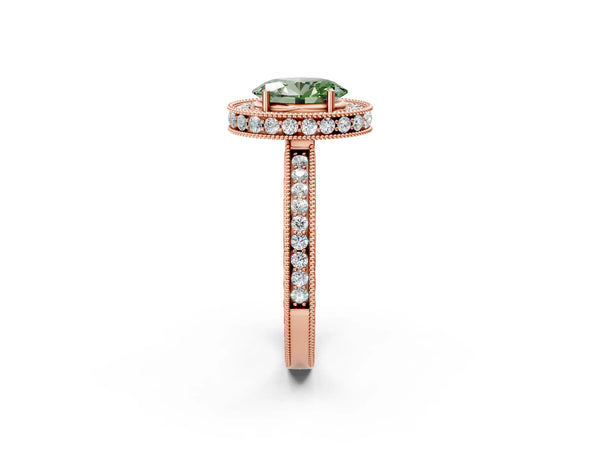 Rose gold Fancy Green Oval  Halo Diamond Engagement Ring with Milgrain Pave Band and Four-Prong Setting