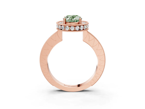 Rose gold Fancy Green Oval  Halo Diamond Engagement Ring with Milgrain Pave Band and Four-Prong Setting
