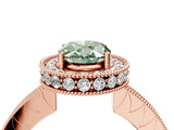 Rose gold Fancy Green Oval  Halo Diamond Engagement Ring with Milgrain Pave Band and Four-Prong Setting_205