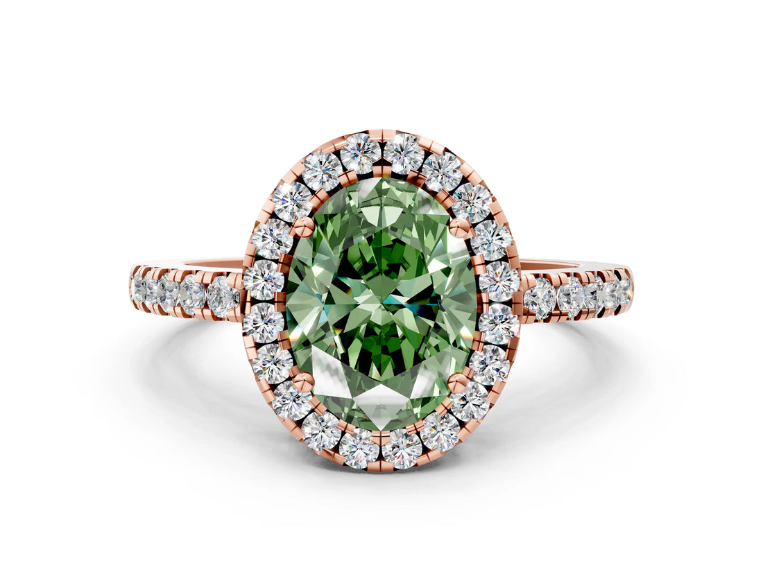 Rose gold Fancy Green Oval  Halo Diamond Engagement Ring with Pavé Band and Four-Prong Setting_135