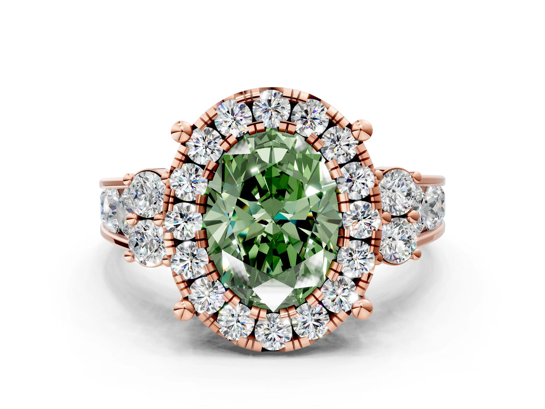 Rose gold Fancy Green Oval  Halo Diamond Engagement Ring with Split Shank and Four-Prong Setting_43