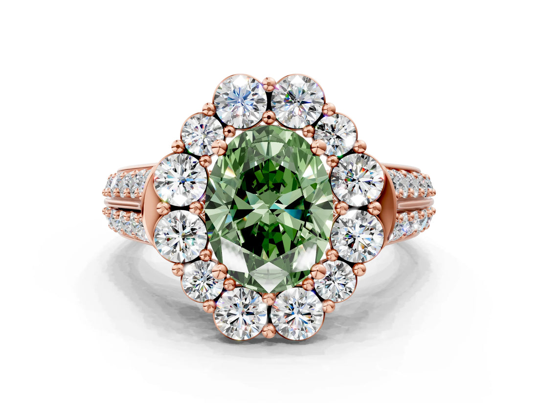 Rose gold Fancy Green Oval  Halo Diamond Engagement Ring with Split Shank and Prong Setting_66