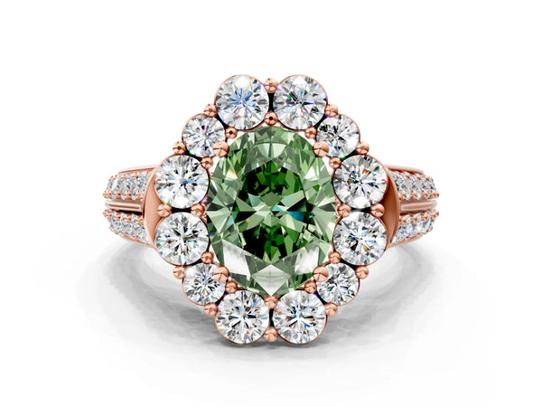 Rose gold Fancy Green Oval  Halo Diamond Engagement Ring with Split Shank and Prong Setting