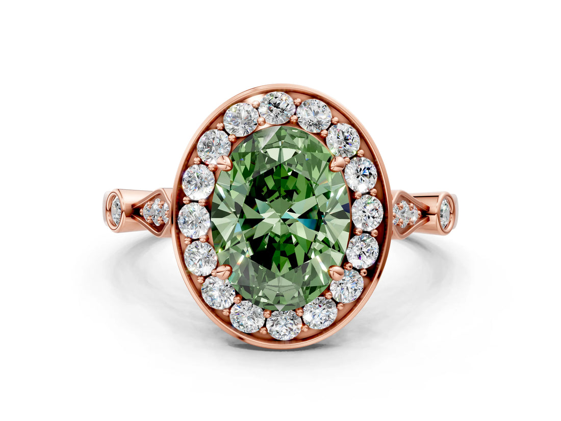Rose gold Fancy Green Oval  Halo Diamond Engagement Ring with Twisted Band and Four-Prong Setting 1
