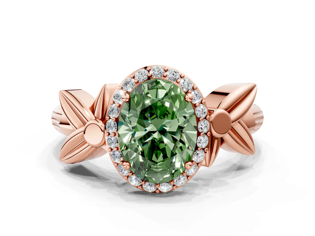 Rose gold Fancy Green Oval  Halo Diamond Floral Band with Four-Prong Setting_55