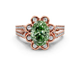Rose gold Fancy Green Oval  Halo Diamond Floral Split Shank Engagement Ring 1