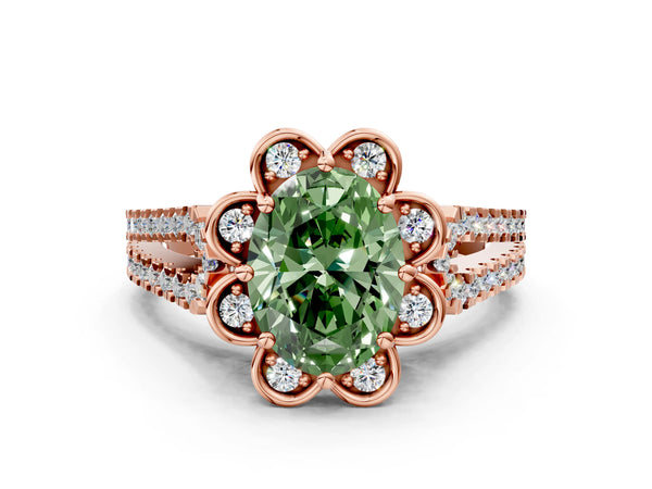 Rose gold Fancy Green Oval  Halo Diamond Floral Split Shank Engagement Ring
