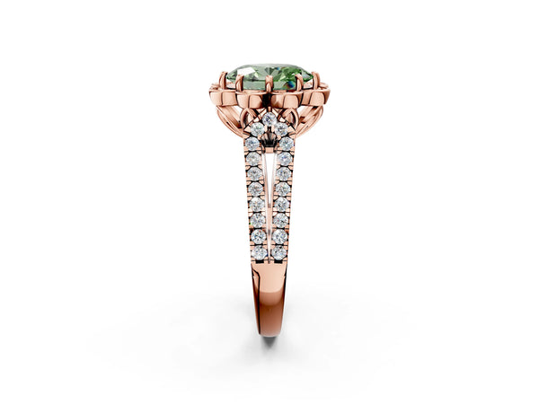 Rose gold Fancy Green Oval  Halo Diamond Floral Split Shank Engagement Ring
