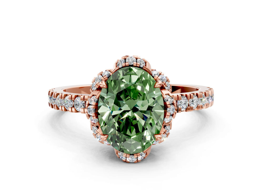 Rose gold Fancy Green Oval  Halo Diamond Pave Band Ring with Four-Prong Setting_15