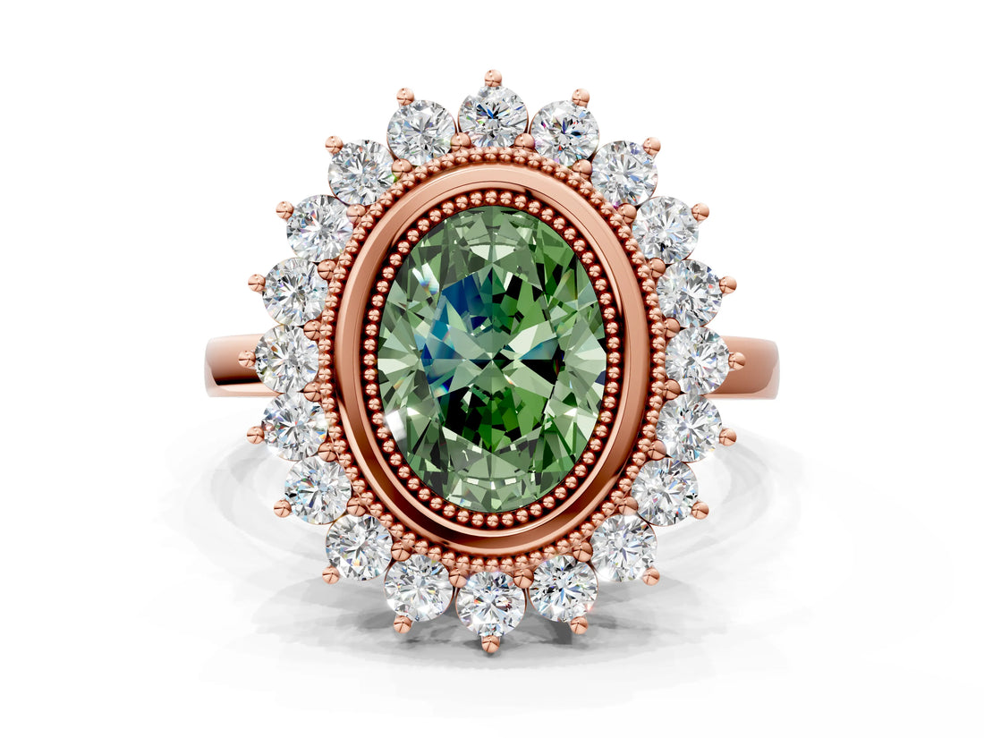 Rose gold Fancy Green Oval  Halo Diamond Ring with Milgrain Edge and Round Prong Setting_26