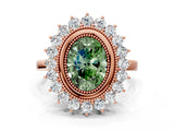 Rose gold Fancy Green Oval  Halo Diamond Ring with Milgrain Edge and Round Prong Setting_26