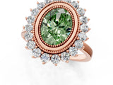 Rose gold Fancy Green Oval  Halo Diamond Ring with Milgrain Edge and Round Prong Setting_27