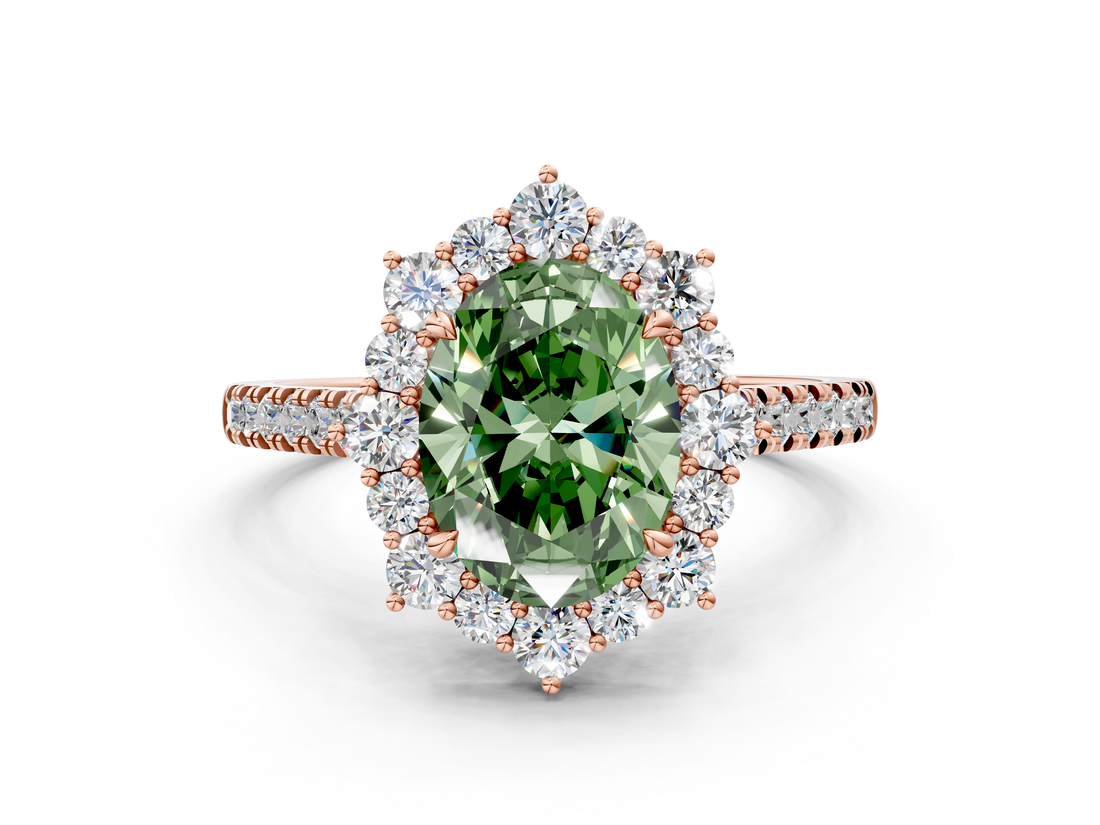 Rose gold Fancy Green Oval  Halo Diamond Ring with Pavé Band and Prong Setting_36