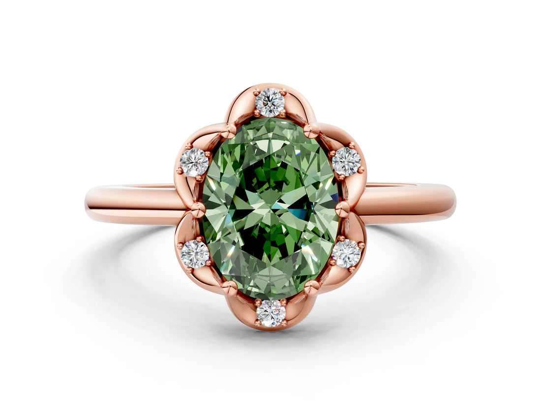 Rose gold Fancy Green Oval  Halo Diamond Ring with Round Cluster Setting, Solitaire Band, and Four-Prong Setting_73