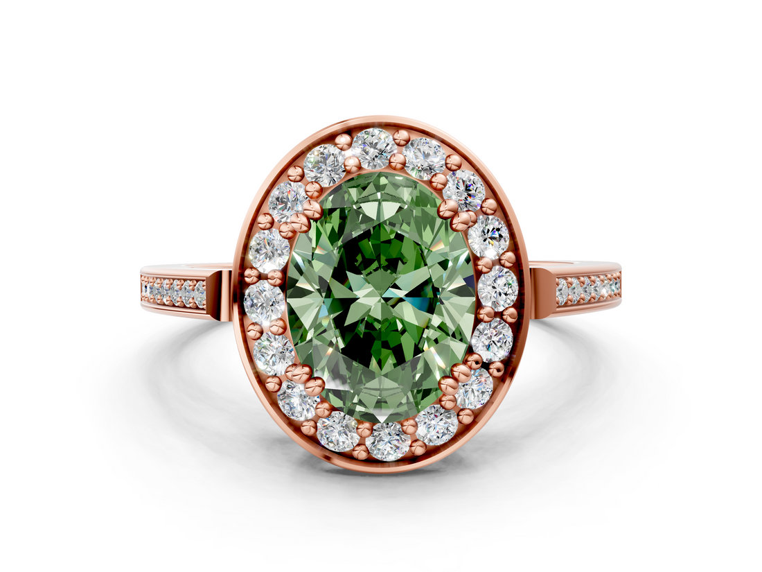 Rose gold Fancy Green Oval  Halo Diamond Ring with Split Shank and Four-Prong Setting_115