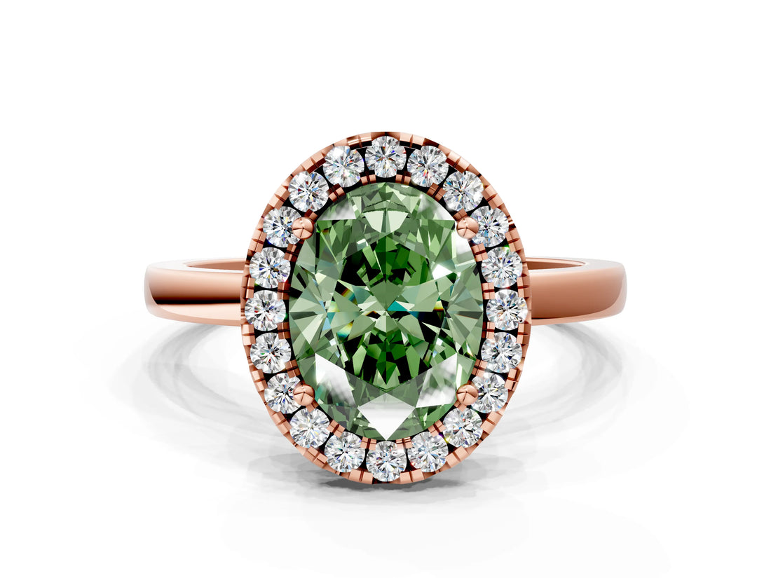 Rose gold Fancy Green Oval  Halo Diamond Solitaire with Pavé Band and Four-Prong Setting_92