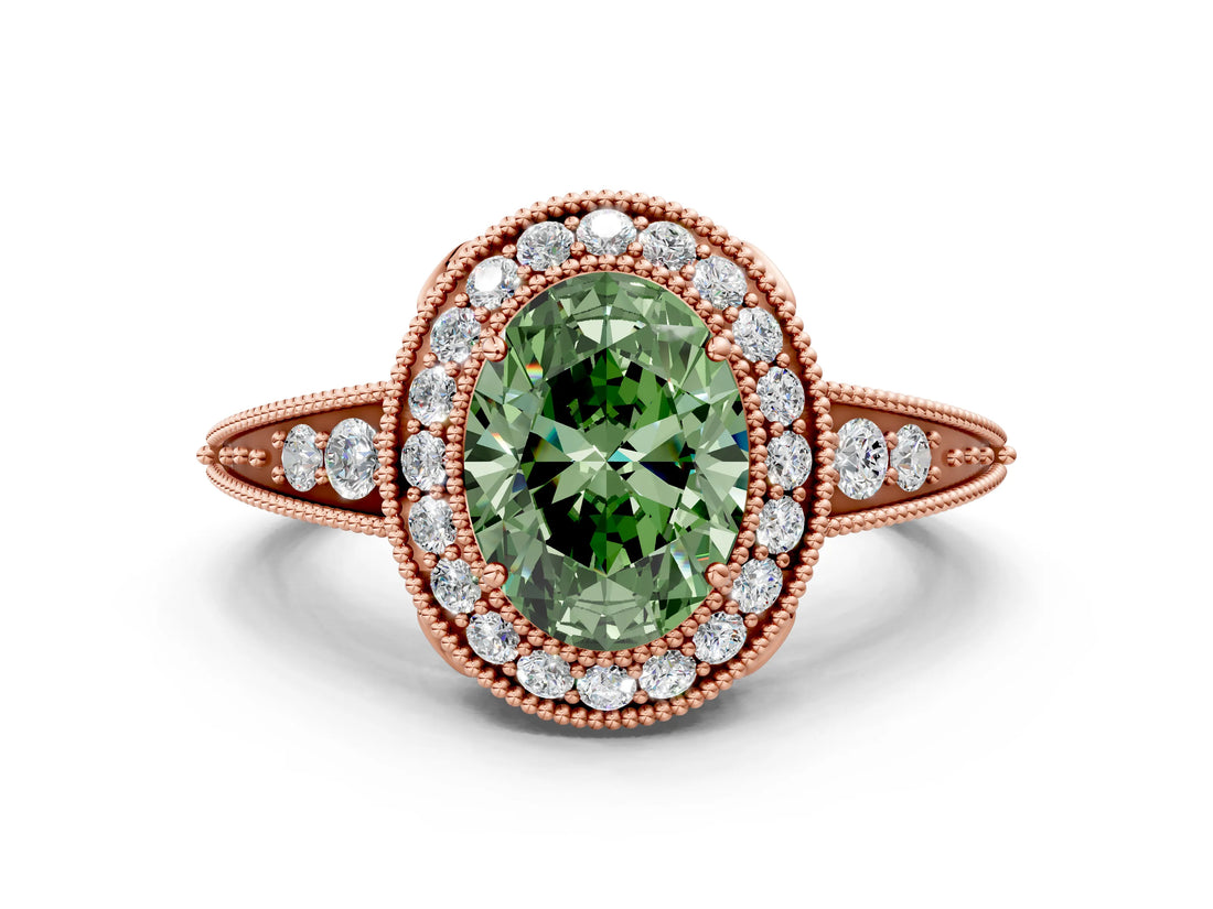 Rose gold Fancy Green Oval  Halo Diamond Split Shank Ring with Milgrain Detail_47