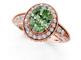 Rose gold Fancy Green Oval  Halo Diamond Split Shank Ring with Milgrain Detail_48