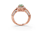 Rose gold Fancy Green Oval  Halo Diamond Split Shank Ring with Milgrain Detail_50