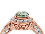 Rose gold Fancy Green Oval  Halo Diamond Split Shank Ring with Milgrain Detail_51