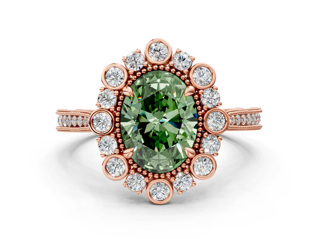 Rose gold Fancy Green Oval  Halo Milgrain Pave Diamond Ring with Four-Prong Setting 1