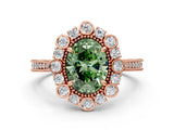 Rose gold Fancy Green Oval  Halo Milgrain Pave Diamond Ring with Four-Prong Setting 1