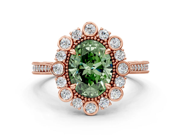 Rose gold Fancy Green Oval  Halo Milgrain Pave Diamond Ring with Four-Prong Setting