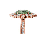 Rose gold Fancy Green Oval  Halo Milgrain Pave Diamond Ring with Four-Prong Setting