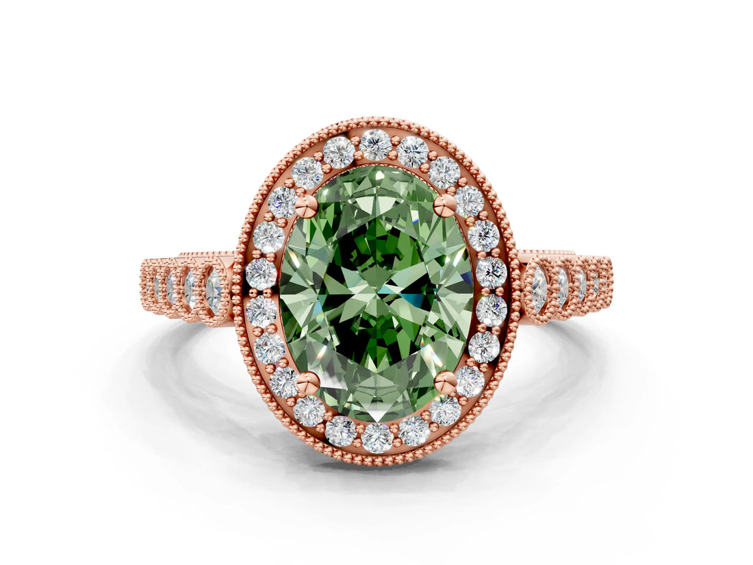 Rose gold Fancy Green Oval  Halo Milgrain Solitaire with Bezel Set Side Stones and Pave Band_31
