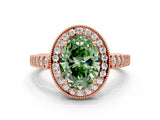 Rose gold Fancy Green Oval  Halo Milgrain Solitaire with Bezel Set Side Stones and Pave Band_31
