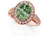 Rose gold Fancy Green Oval  Halo Milgrain Solitaire with Bezel Set Side Stones and Pave Band_32