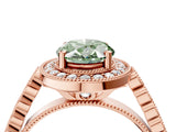 Rose gold Fancy Green Oval  Halo Milgrain Solitaire with Bezel Set Side Stones and Pave Band_35