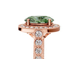 Rose gold Fancy Green Oval  Halo Milgrain Solitaire with Bezel Set Side Stones and Pave Band_36