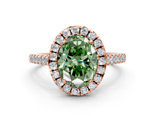 Rose gold Fancy Green Oval  Halo Pavé Diamond Engagement Ring with Four-Prong Setting