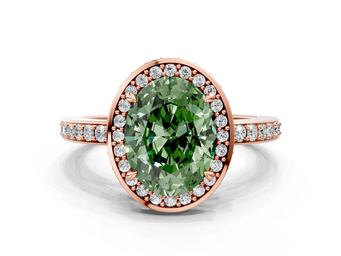 Rose gold Fancy Green Oval  Halo Pave Band Solitaire Ring with Prong Setting_66