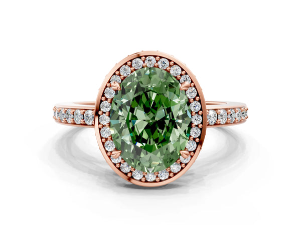 Rose gold Fancy Green Oval  Halo Pave Band Solitaire Ring with Prong Setting
