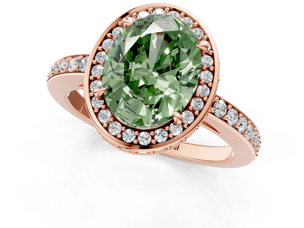 Rose gold Fancy Green Oval  Halo Pave Band Solitaire Ring with Prong Setting