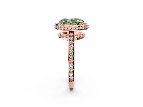 Rose gold Fancy Green Oval  Halo Pave Band Solitaire Ring with Prong Setting