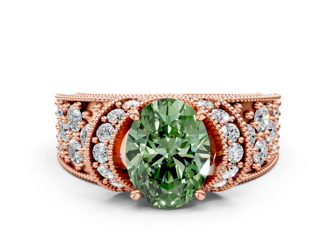 Rose gold Fancy Green Oval  Halo Pave Diamond Engagement Ring with Milgrain Detailing_49